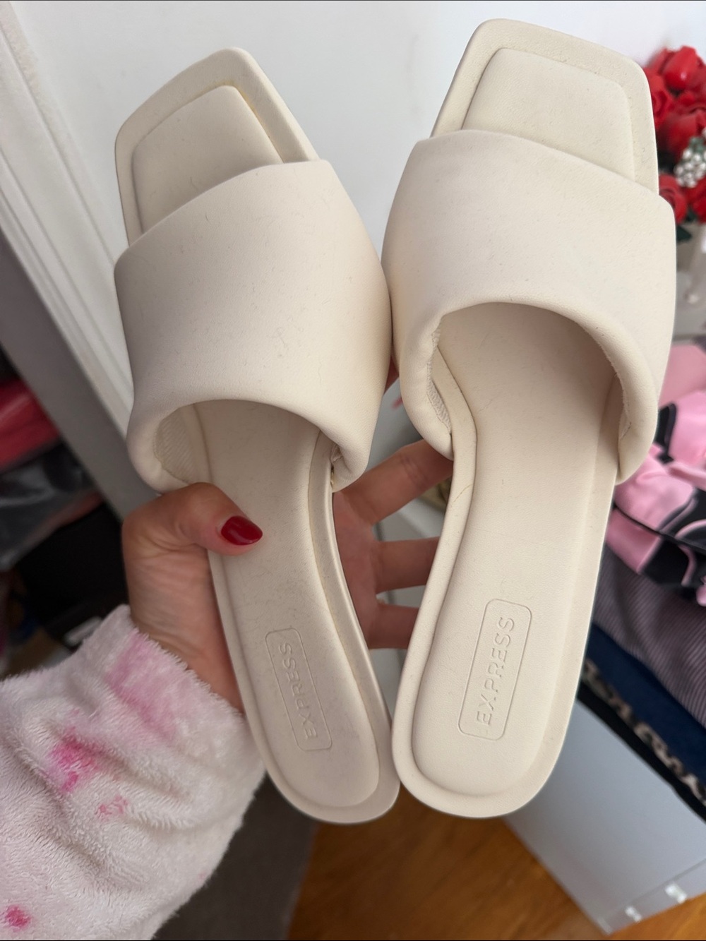 Express Cream Wide-Strap Square-Toe Slide Sandals